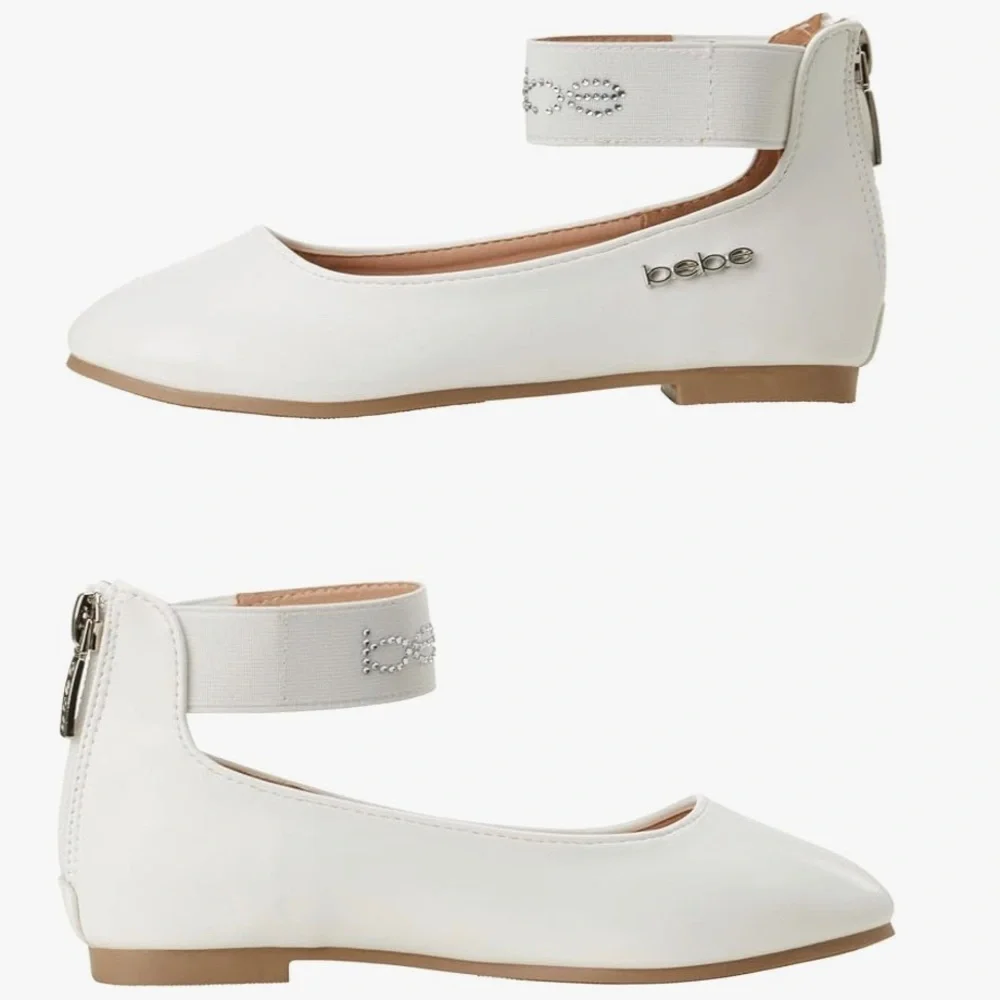 Bebe White Ankle Strap Flats